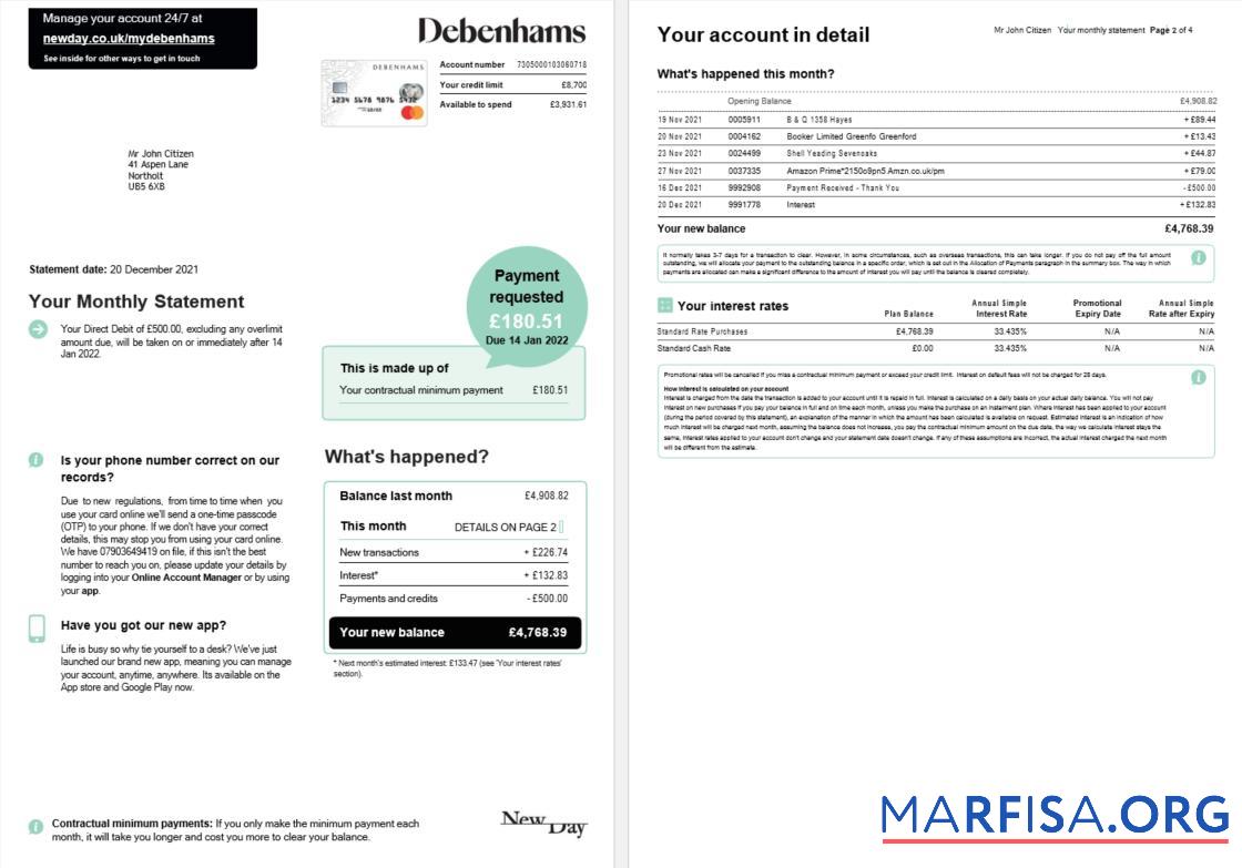 Downloadable United Kingdom Debenhams card monthly statement word 4 pages 1 2 download for verification